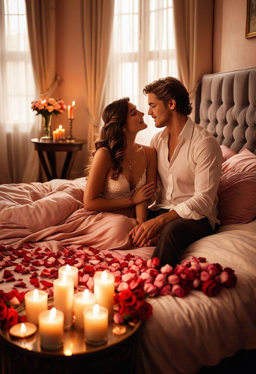 A romantic bedroom scene with dim lighting, soft plush cushions, a variety of elegant adult toys and accessories laid out on a luxurious bed, and a couple holding hands warmly, sharing an intimate moment. The background has a soft, cozy ambiance with candles and rose petals scattered around. super-realistic. vibrant colors.