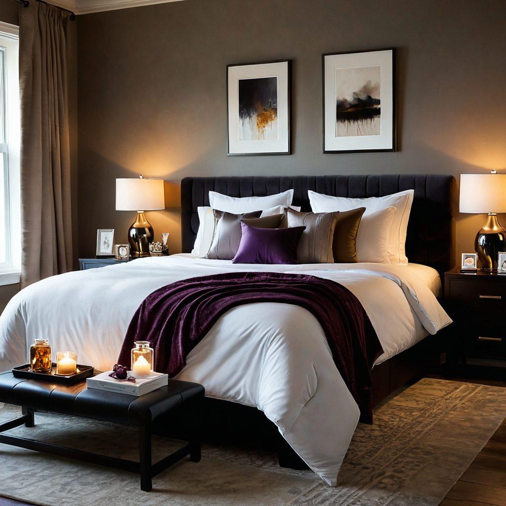 Elegant bedroom setting with soft lighting, featuring a variety of high-quality intimacy products like lubricants, massage oils, and vibrators on a stylish bedside table. Focused on creating a sensual and nurturing ambiance, with cozy textures and warm colors to evoke comfort and wellness. painting. vibrant colors. soft and inviting mood.