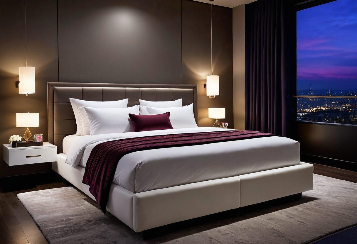 A modern, sophisticated bedroom setting with soft, ambient lighting. On a beautifully made bed, a luxurious assortment of vibrators and intimacy products are tastefully arranged. The scene exudes warmth and comfort, inviting exploration and intimacy. super-realistic. vibrant colors. intimate atmosphere.